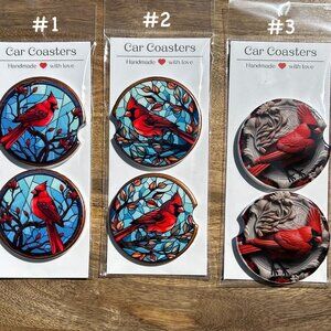 Set of Beautiful Redbird Ceramic Car Coasters, 2.5" Ceramic Car Coasters